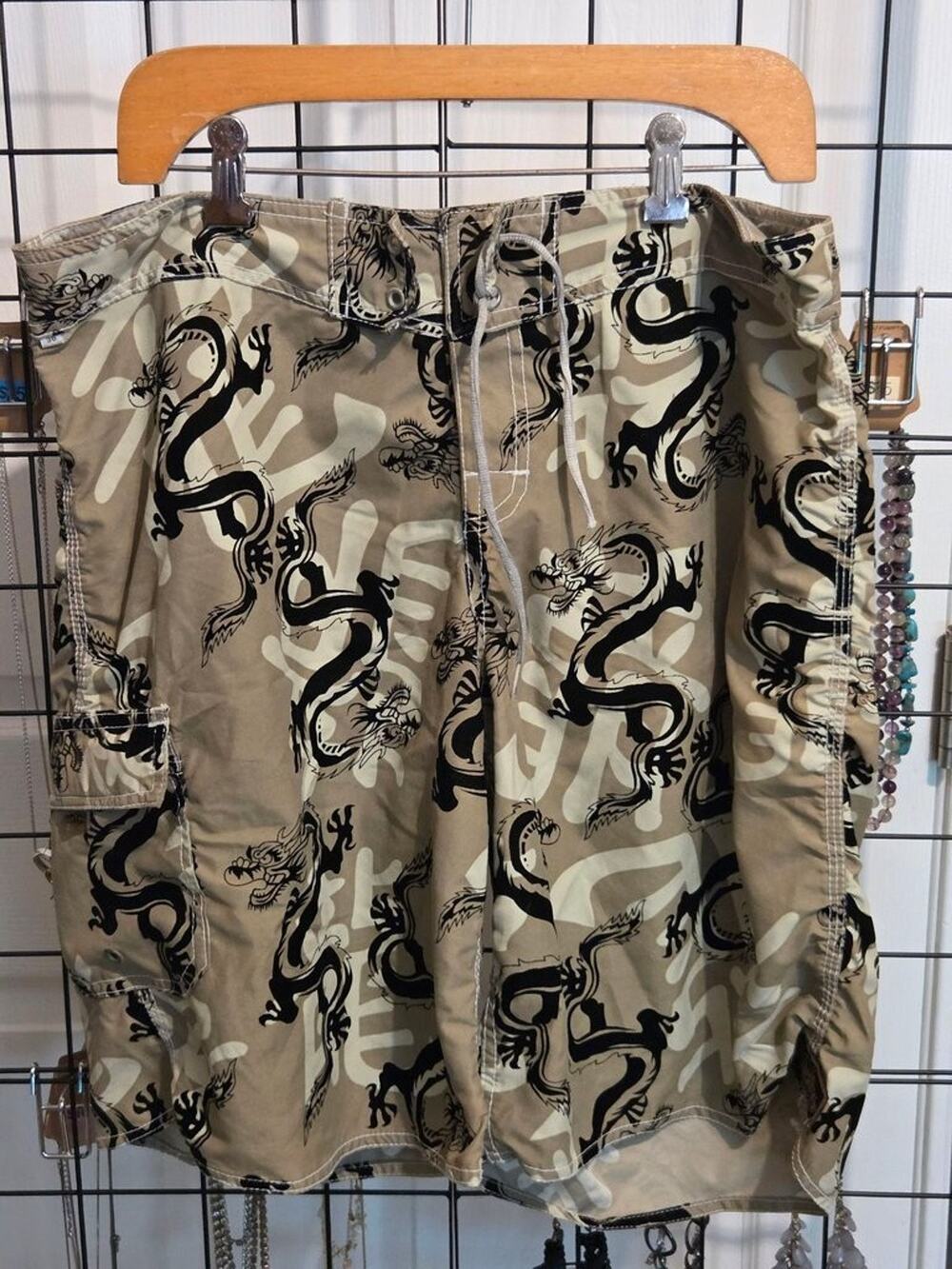Vintage Torch Dragon Board Shorts Men 38 Y2K Swim Trunks 90s